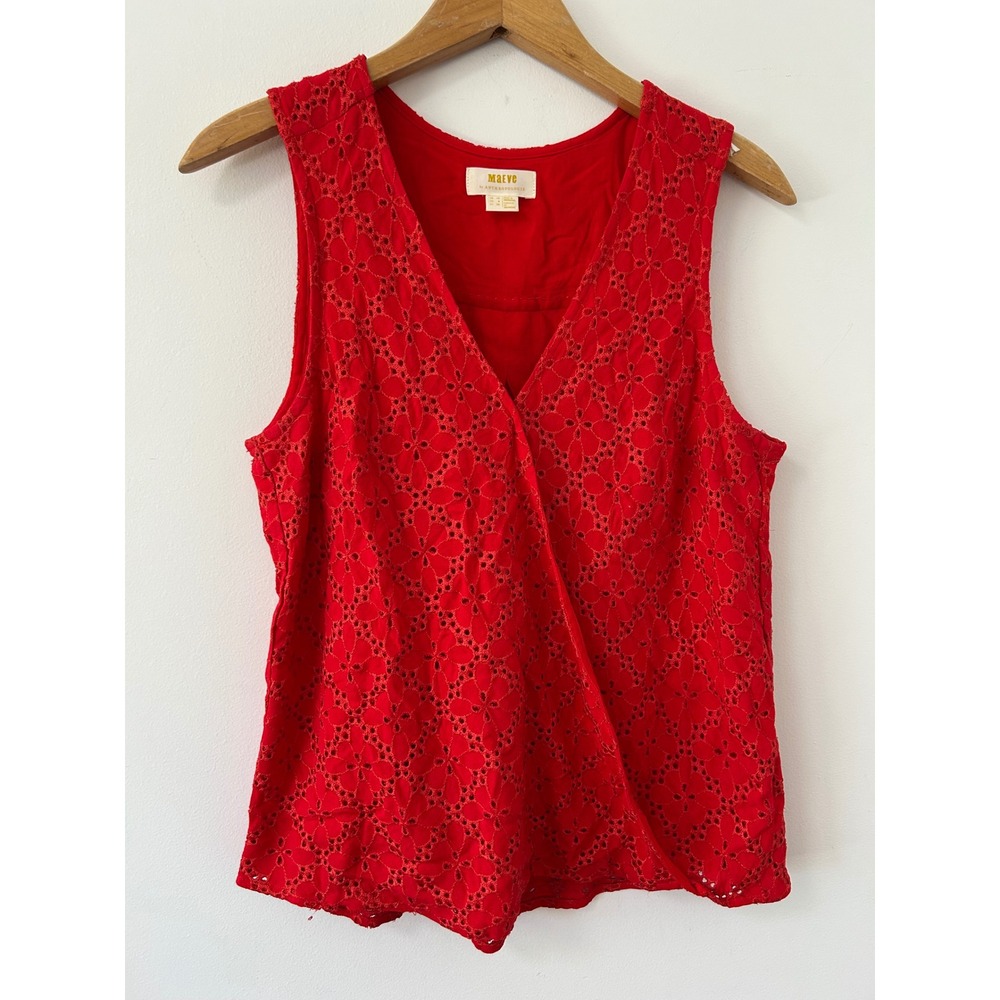 Maeve Anthropologie‎ Red Eyelet Faux Wrap Sleeveless V-Neck Top Womens Size 6